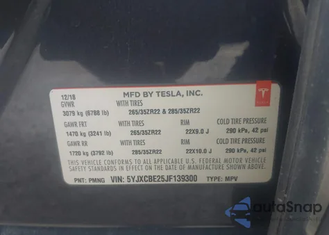 2018 Tesla Model X 100D/75D/P100D z USA, uszkodzony, nr VIN 5YJXCBE25JF139300